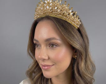 ゴールドクリスタルブライダルクラウンティアラ – ウェディングクイーンヘッドピース、ラインストーンプリンセスヘアアクセサリー
