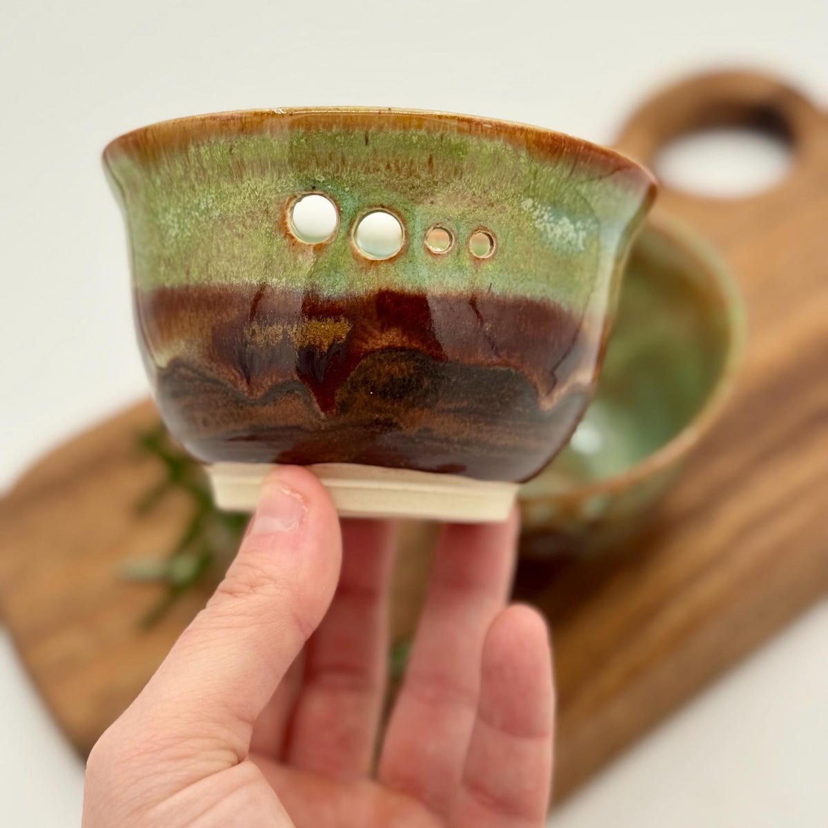 Handmade Green Copper Ceramic Herb Stripper Bowl | Leaf Design | MADE TO ORDER
