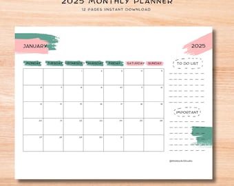 Planificador mensual 2025, organizador mensual, calendario 2025, tamaño A4/carta, formato horizontal, PDF imprimible y rellenable