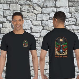 Grá an Saol T-Shirt - ‘Love the Life’ - Gaelic Language Shirt - Celtic Design Irish Phrase Gift - Geometric Landscape - Festival Love