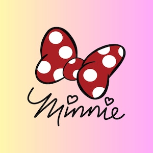Puede incluir: Un lazo rojo con lunares blancos con la palabra "Minnie" escrita en negro debajo. Dos peque&ntilde;os corazones est&aacute;n a cada lado de la palabra.