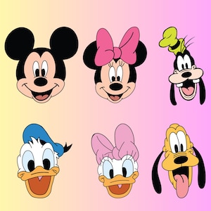 Peut inclure: Un ensemble de six visages de personnages de dessins anim&eacute;s, dont Mickey Mouse, Minnie Mouse, Donald Duck, Daisy Duck, Dingo et Pluto. Les personnages sont tous souriants et ont leurs traits caract&eacute;ristiques.