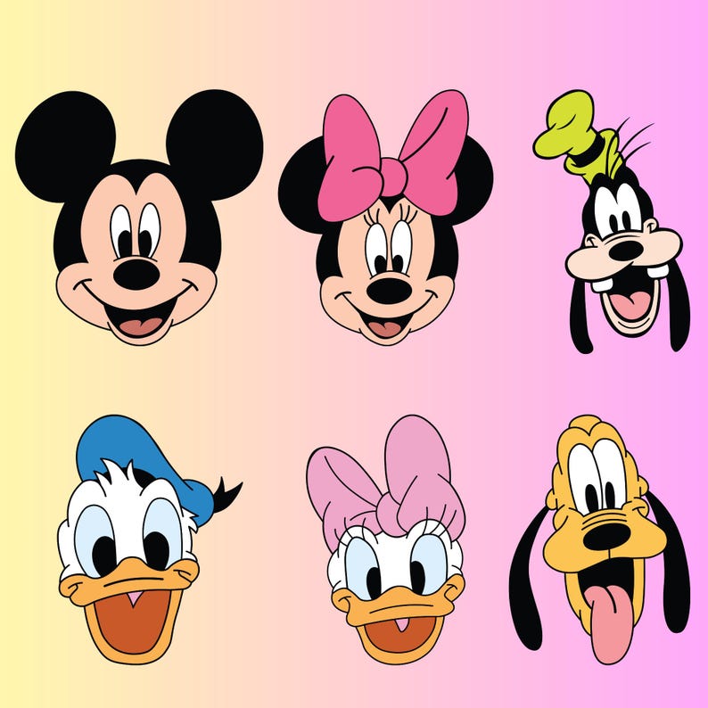 Peut inclure: Un ensemble de six visages de personnages de dessins anim&eacute;s, dont Mickey Mouse, Minnie Mouse, Donald Duck, Daisy Duck, Dingo et Pluto. Les personnages sont tous souriants et ont leurs traits caract&eacute;ristiques.