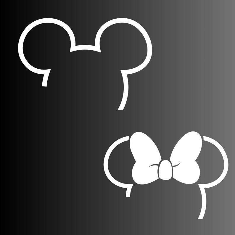 Puede incluir: Silueta blanca de las orejas de Mickey Mouse y Minnie Mouse con un lazo.