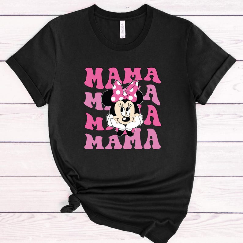 May include: Black t-shirt with a pink and white graphic of Minnie Mouse and the text "MAMA" repeated four times.