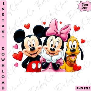 以下が含まれることがあります： ミッキーマウス、ミニーマウス、プルートが赤いハートに囲まれたデジタルイラスト。ミッキーは黒いズボンと赤いパンツ、ミニーはピンクのドレスとリボン、プルートは黄色です。「INSTANT DOWNLOAD」と「PNG FILE」の文字が含まれています。