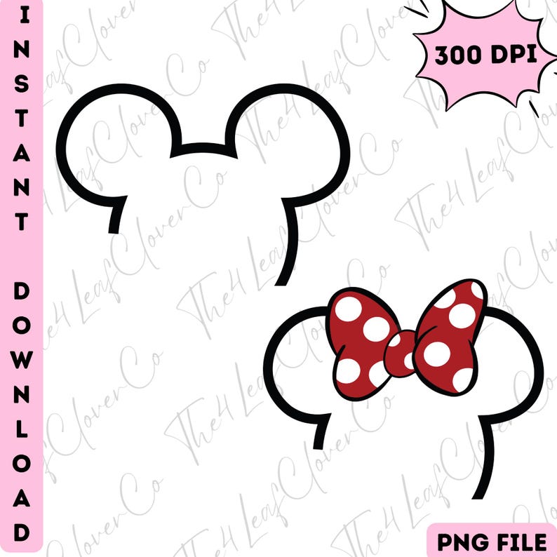 Op de afbeelding: Zwarte omtrek van Mickey Mouse oren en Minnie Mouse oren met een rode strik met witte stippen. De afbeelding bevat de tekst "INSTANT DOWNLOAD", "300 DPI" en "PNG FILE".