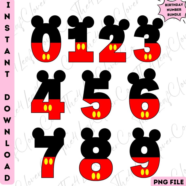 May include: A collection of numbers 0-9 in a cartoon style, featuring black outlines and red and yellow accents. Each number has a Mickey Mouse-inspired head. The words "INSTANT DOWNLOAD" are on the left side. The words "BIRTHDAY NUMBER BUNDLE" are in the upper right corner.
