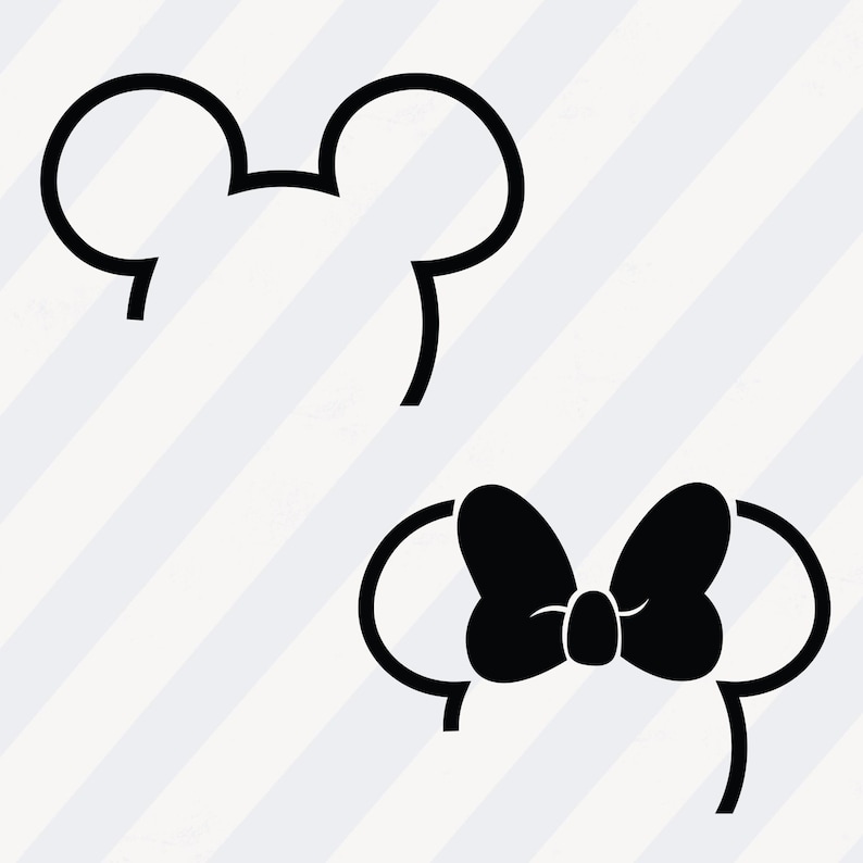 Puede incluir: Silueta en blanco y negro de las orejas de Mickey Mouse y las orejas de Minnie Mouse con un lazo.