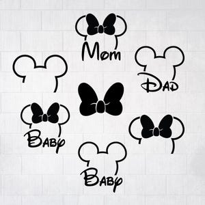 May include: Black and white silhouette designs of Mickey Mouse ears with a bow on top. The designs say "Mom", "Dad", and "Baby" in a stylized font.