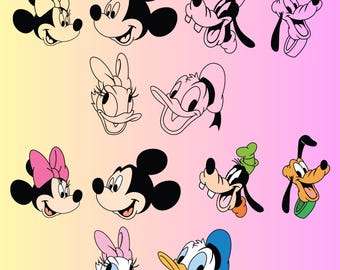 Mickey Pluto Goofy Daisy Donald Minnie Character Faces Png, Mickey and Friends Clipart Set, Mouse and Friends Png,Silhouette and Sublimation
