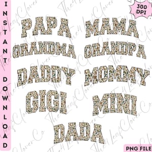 Op de afbeelding: Een verzameling tekstafbeeldingen met familiewoorden in een camouflagepatroon. De woorden "Papa", "Mama", "Grandma", "Grandpa", "Daddy", "Mommy", "Gigi", "Mini" en "Dada" zijn te zien. De afbeelding bevat ook de tekst "Direct downloaden" en "PNG-bestand".