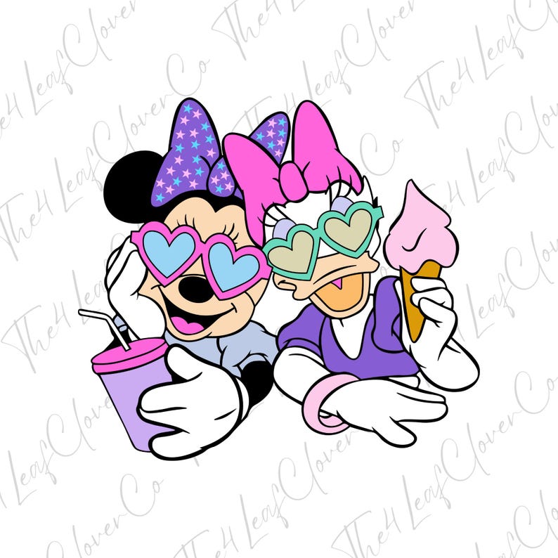 May include: A cartoon illustration of Minnie Mouse and Daisy Duck wearing heart-shaped sunglasses. Minnie is holding a pink and purple cup with a straw, and Daisy is holding a pink ice cream cone.