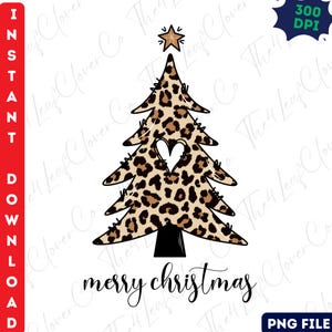 May include: A Christmas tree design with a leopard print pattern, a heart-shaped cutout, and a star on top. The words "merry christmas" are written in cursive at the bottom. The image is a PNG file.