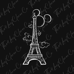 May include: A white line drawing of the Eiffel Tower with clouds and hearts around it on a black background.
