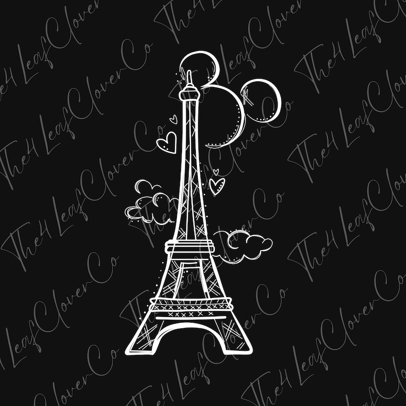 May include: A white line drawing of the Eiffel Tower with clouds and hearts around it on a black background.