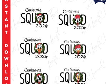 May include: A digital download featuring six Christmas-themed designs. Each design includes the word "CHRISTMAS SQUAD 2026" with different Disney characters in a wreath. The designs include Mickey, Minnie, Donald, and Goofy.