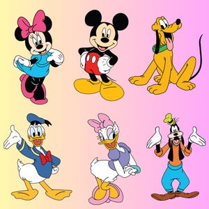 May include: A colorful cartoon illustration featuring Mickey Mouse, Minnie Mouse, Donald Duck, Daisy Duck, Goofy, and Pluto. The characters are all smiling and standing in various poses.
