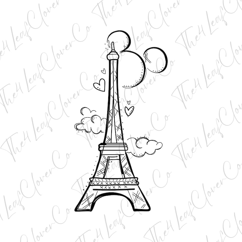 May include: A black and white line drawing of the Eiffel Tower with clouds and hearts around it.