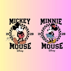 May include: Mickey Mouse and Minnie Mouse cartoon characters in black and white with red and blue accents. Mickey Mouse is wearing red shorts and Minnie Mouse is wearing a blue dress. Both characters are standing on a checkered background with the text "Mickey Mouse" and "Minnie Mouse" in black text. The text "19" and "28" are also on the checkered background. The text "Disney" is below the characters.