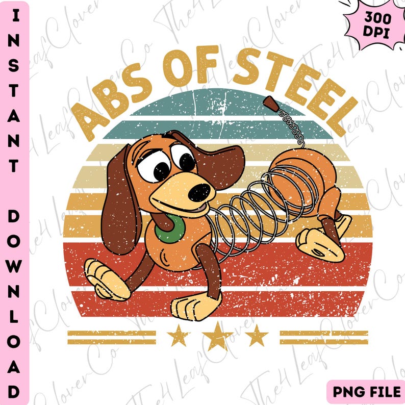 Puede incluir: Un gr&aacute;fico vintage de un juguete de perro salchicha de dibujos animados con un cuerpo de resorte, sobre un dise&ntilde;o de puesta de sol retro. El texto "ABS OF STEEL" est&aacute; encima del perro. La imagen incluye las palabras "INSTANT DOWNLOAD" y "PNG FILE".