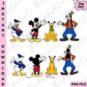 May include: A digital download featuring cartoon characters Mickey Mouse, Donald Duck, Pluto, and Goofy. Mickey Mouse is in red shorts, Donald Duck in a blue sailor suit, Pluto is yellow, and Goofy wears an orange shirt and blue pants. The image includes the text "INSTANT DOWNLOAD".