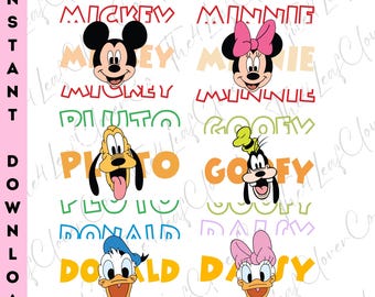 Mickey Pluto Goofy Daisy Donald Minnie Character Faces and Names Png, Cute Disneyland Magic Kingdom Holiday Trip T-shirt Design Png