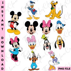 May include: A set of ten cartoon character images featuring Mickey Mouse, Minnie Mouse, Donald Duck, Goofy, Pluto, and Daisy Duck. The characters are all in their classic cartoon styles and are depicted in various poses. The images are perfect for use in crafts, scrapbooking, or other creative projects.