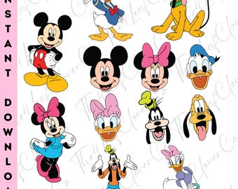 Mickey Pluto Goofy Daisy Donald Minnie Character Faces Png, Mickey and Friends Clipart Set, Mouse and Friends Png,Silhouette and Sublimation