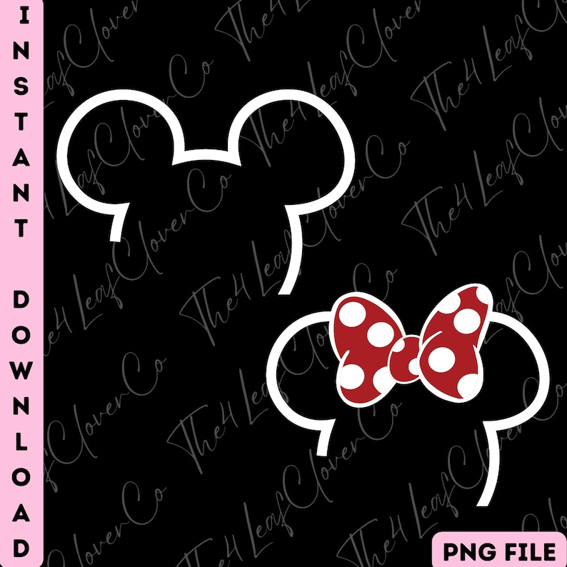 Op de afbeelding: Twee witte omtrekbeelden van Mickey Mouse oren, &eacute;&eacute;n effen en &eacute;&eacute;n met een rode strik met stippen. De achtergrond is zwart met een watermerk. De tekst "INSTANT DOWNLOAD" staat aan de linkerkant. De tekst "PNG FILE" staat rechtsonder.