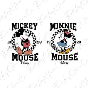 May include: Black and white checkered circle with Mickey Mouse and Minnie Mouse in the center. Mickey Mouse is wearing red shorts and yellow shoes. Minnie Mouse is wearing a blue and white dress and yellow shoes. The text "Mickey Mouse" and "Minnie Mouse" is in black letters above the characters. The text "Disney" is in white letters below the characters.
