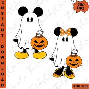 May include: A digital illustration featuring two cartoon characters dressed as ghosts for Halloween. Each ghost holds an orange jack-o'-lantern. One ghost has a bow. The image includes the text "INSTANT DOWNLOAD" and "PNG FILE".