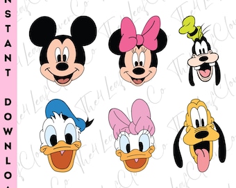 Mickey Pluto Pippo Daisy Paperino Minnie Personaggi Volti Png, Set Clipart Topolino e Amici, Mouse e Amici Png, Silhouette e Sublimazione