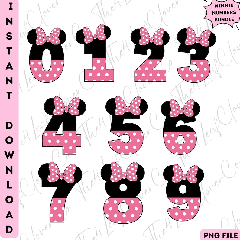 May include: A set of digital Minnie Mouse-themed numbers 0-9. Each number is black and pink with white polka dots, featuring Minnie Mouse ears and a bow. The numbers are designed for instant download and are in PNG file format.