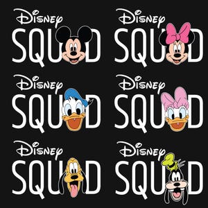 Puede incluir: Fondo negro con las palabras "Disney Squad" en blanco, con Mickey Mouse, Minnie Mouse, Pato Donald, Pata Daisy, Pluto y Goofy. Cada personaje est&aacute; en un estilo de dibujos animados colorido.