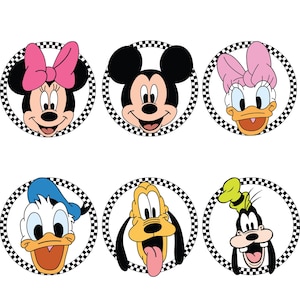 Op de afbeelding: Zes ronde zwart-witte geblokte cirkels met cartoon-gezichten erin. De personages zijn Mickey Mouse, Minnie Mouse, Donald Duck, Daisy Duck, Goofy en Pluto.