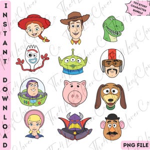 May include: A collection of colorful cartoon character illustrations from the Toy Story movie franchise. The characters include Woody, Buzz Lightyear, Rex, and others. The image also includes the text "Toy Story Character Bundle" and "PNG File."