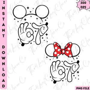 Puede incluir: Diseño digital en blanco y negro con temática de Mickey y Minnie Mouse. Incluye orejas de Mickey Mouse, orejas de Minnie Mouse con un lazo rojo de lunares y el número 67 en un estilo de dibujos animados.