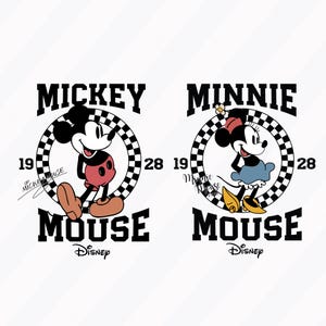 Puede incluir: Ilustración en blanco y negro de Mickey Mouse y Minnie Mouse en un círculo a cuadros con el texto "Mickey Mouse" y "Minnie Mouse" sobre los círculos y "Disney" debajo de los círculos.