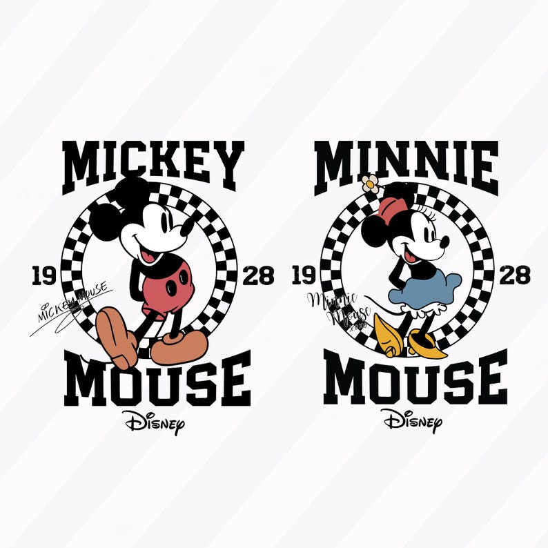 May include: Black and white illustration of Mickey Mouse and Minnie Mouse in a checkered circle with the text "Mickey Mouse" and "Minnie Mouse" above the circles and "Disney" below the circles.