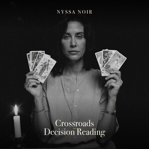 May include: A black and white graphic featuring the text NYSSA NOIR at the top and Crossroads Decision Reading at the bottom. The image displays a set of illustrated tarot cards held in both hands, with a lit white candle visible on the left side.