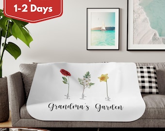 Birth Flower Blanket, Grandma's Garden, Mother's Day Present, Sherpa Blanket Custom Name Blanket, Personalized Blanket, Custom Mother's Day