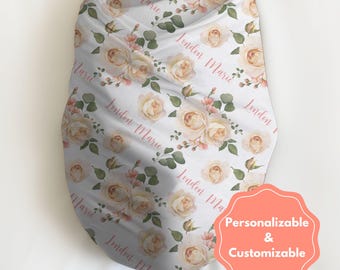Personalized Name Swaddle with Roses, Baby Girl Gift, Baby Shower Shower Gift, New Baby Gift, Hospital Photo Blanket, Rose and Sage Nursery