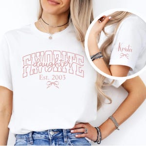 mom sweatshirt personalized daughter name sleeve, favorite daughter est year varsity design, black white pink print options, gift for mom from daughter, cozy mom life apparel