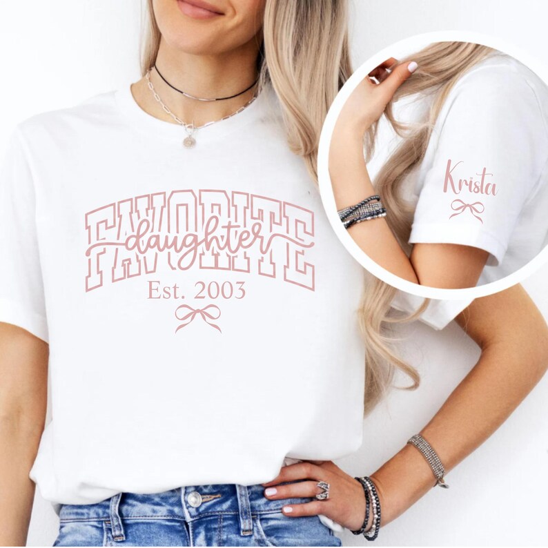 mom sweatshirt personalized daughter name sleeve, favorite daughter est year varsity design, black white pink print options, gift for mom from daughter, cozy mom life apparel