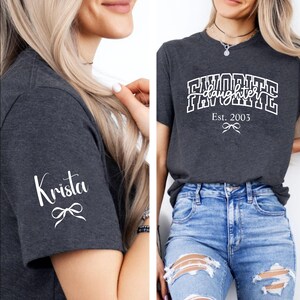 favorite daughter mom sweatshirt varsity font, personalized est year shirt with sleeve name, black pink white print options, mother daughter bond clothing, trendy mom aesthetic outfit