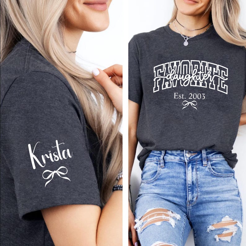 favorite daughter mom sweatshirt varsity font, personalized est year shirt with sleeve name, black pink white print options, mother daughter bond clothing, trendy mom aesthetic outfit