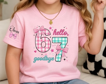 Girls 7th Birthday Shirt, Hello 7 Goodbye 6 Pastel Bows Tee