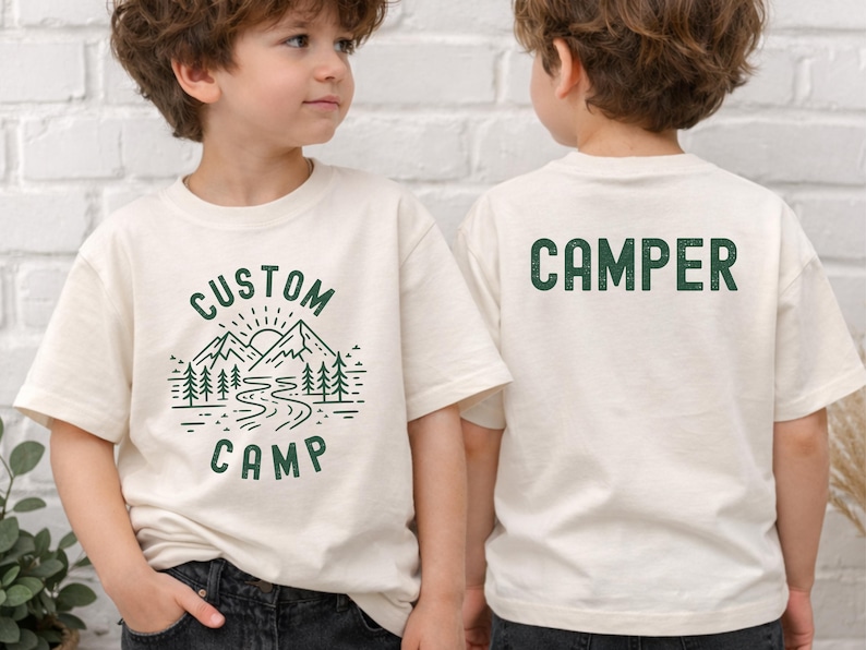 Custom Camping Shirt Featuring Outdoor Nature Landscape With Mountains And Trees On Front And Camper Design On Back, Personalized Family Trip T Shirts Ideal For Hiking, Camping And Outdoor Adventure Wear.