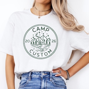 camp custom 2026 nature t shirt forest mountain lake line art graphic tee unisex camping outfit summer road trip hiking travel shirt cozy outdoorsy aesthetic